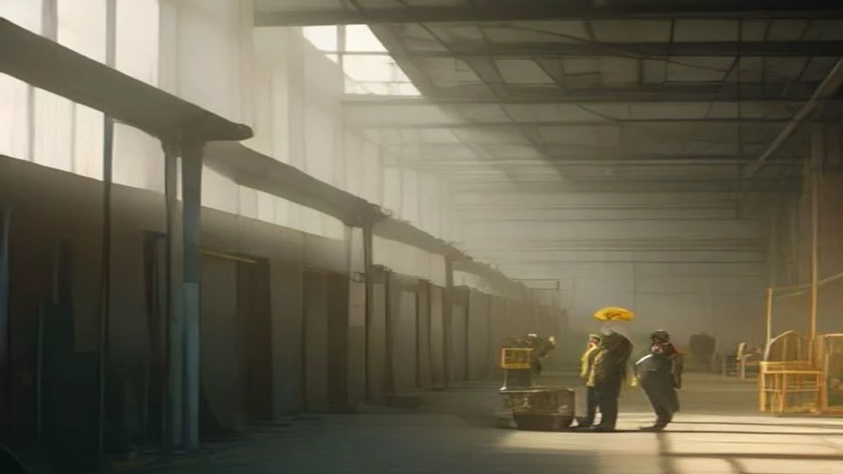 wide establishing shot of a factory production line with machinery and a worker in a hard hat checking output, soft morning light (illustrative image)